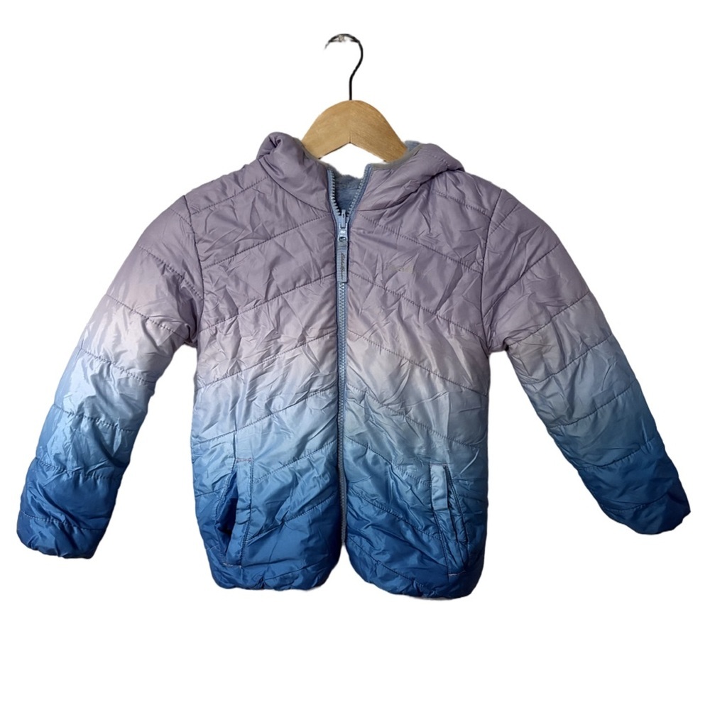 Eddie Bauer Girls Reversible Hooded Jacket Ombre Blue & Fuzzy Sherpa